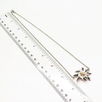 925 Sterling Silver 2-Tone Floral Design Rolo Chain Necklace 16"