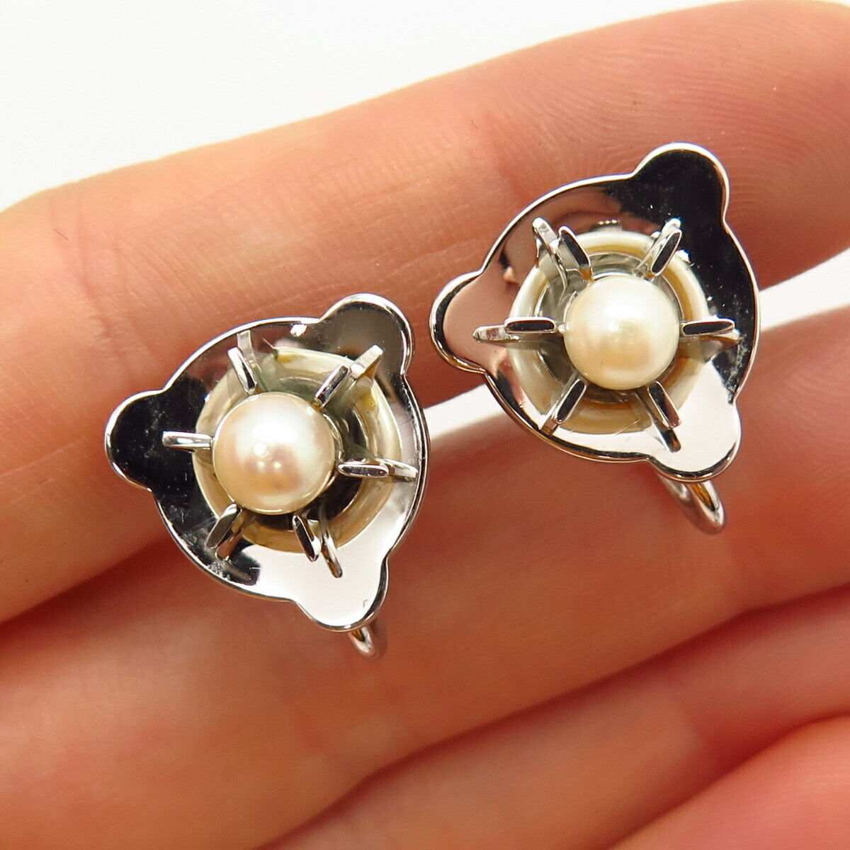 925 Sterling Silver Vintage Real Pearl Screw Back Earrings