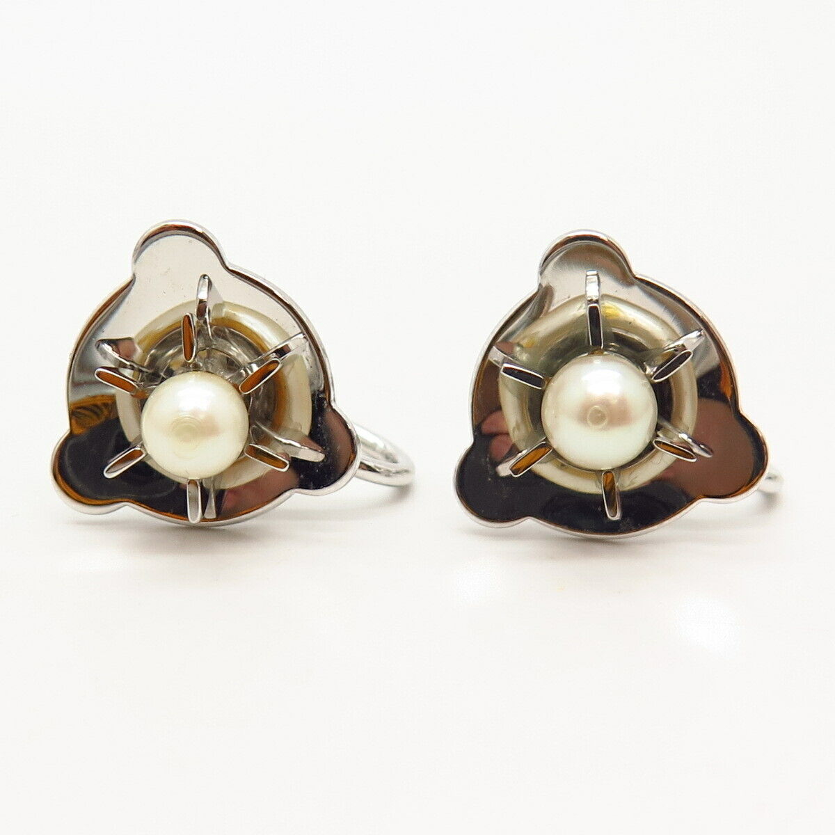 925 Sterling Silver Vintage Real Pearl Screw Back Earrings