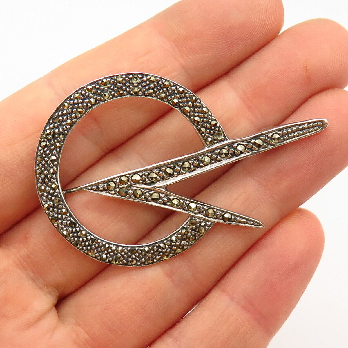 925 Sterling Silver Real Marcasite Gemstone Modernist Design Pin Brooch