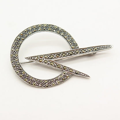 925 Sterling Silver Real Marcasite Gemstone Modernist Design Pin Brooch