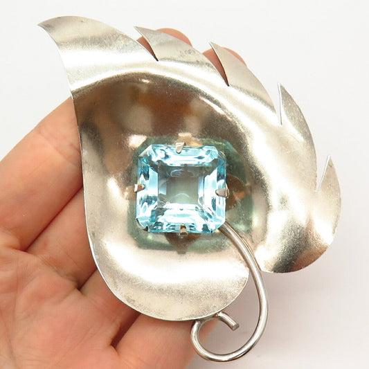 925 Sterling Silver Vintage Blue Topaz-Tone Glass Leaf Design Large Pin Brooch