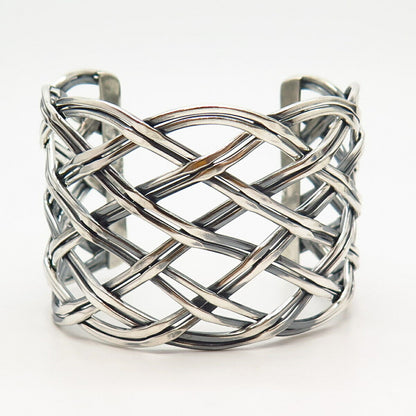 925 Sterling Silver Vintage Woven / Wicker Design Wide Cuff Bracelet 7"