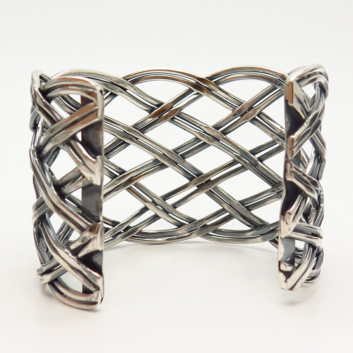 925 Sterling Silver Vintage Woven / Wicker Design Wide Cuff Bracelet 7"