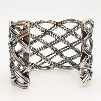 925 Sterling Silver Vintage Woven / Wicker Design Wide Cuff Bracelet 7"