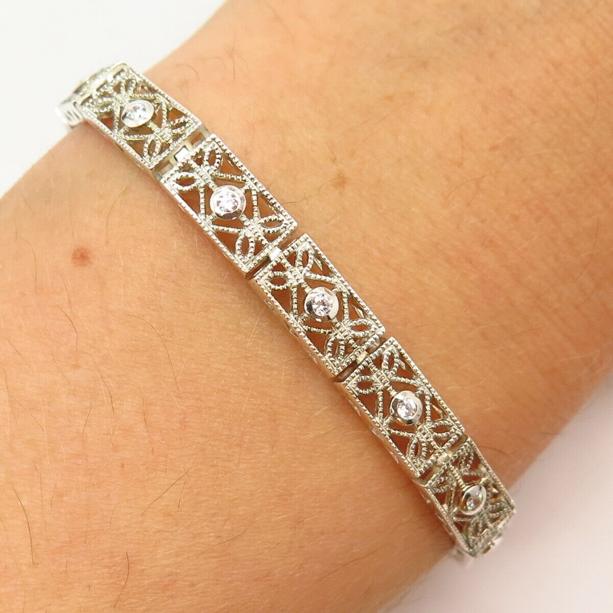 925 Sterling Silver C Z Ornate Design Link Bracelet 6 3/4"