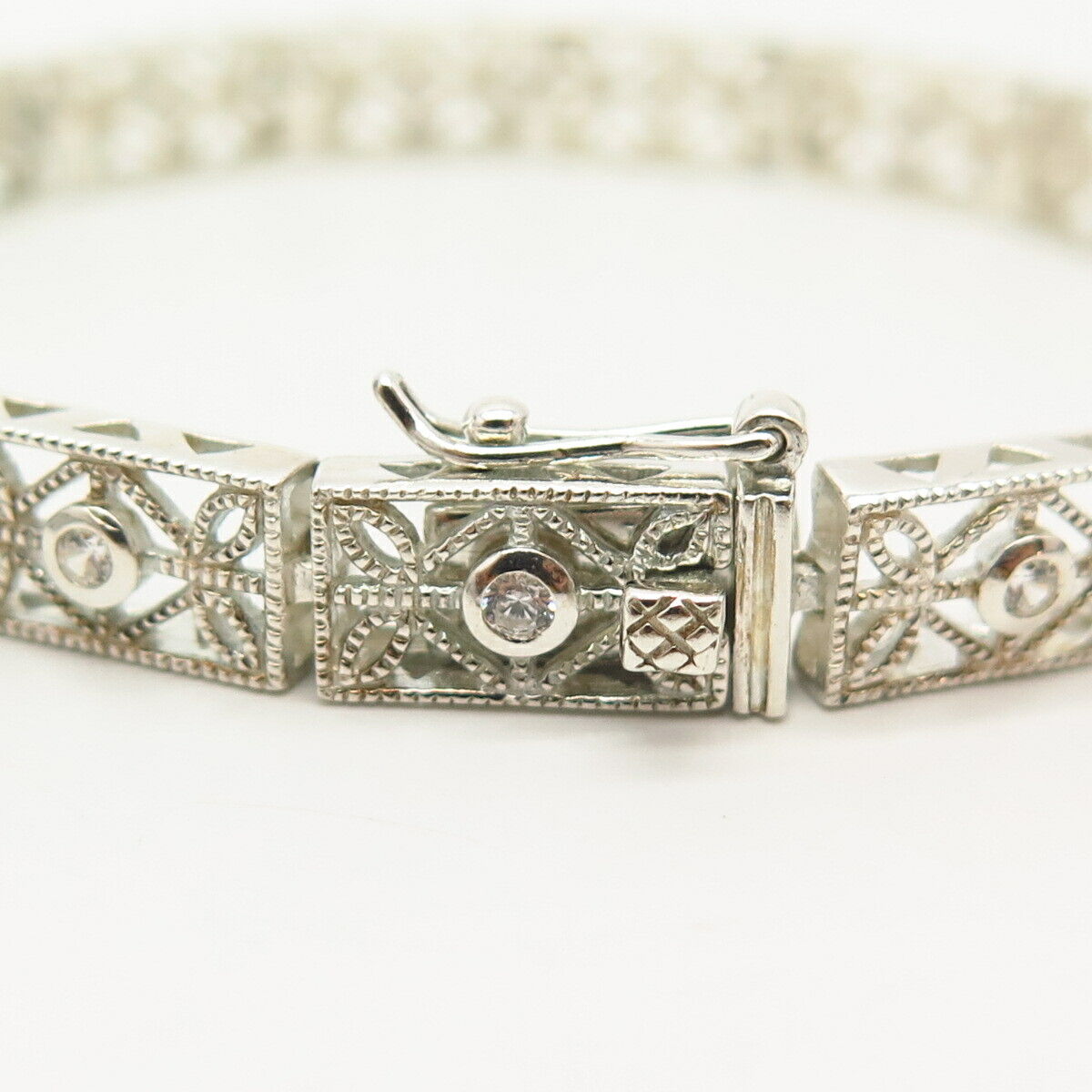 925 Sterling Silver C Z Ornate Design Link Bracelet 6 3/4"