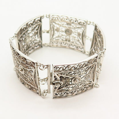 800 Silver Vintage Filigree Design Wide Panel Link Bracelet 5 3/4"