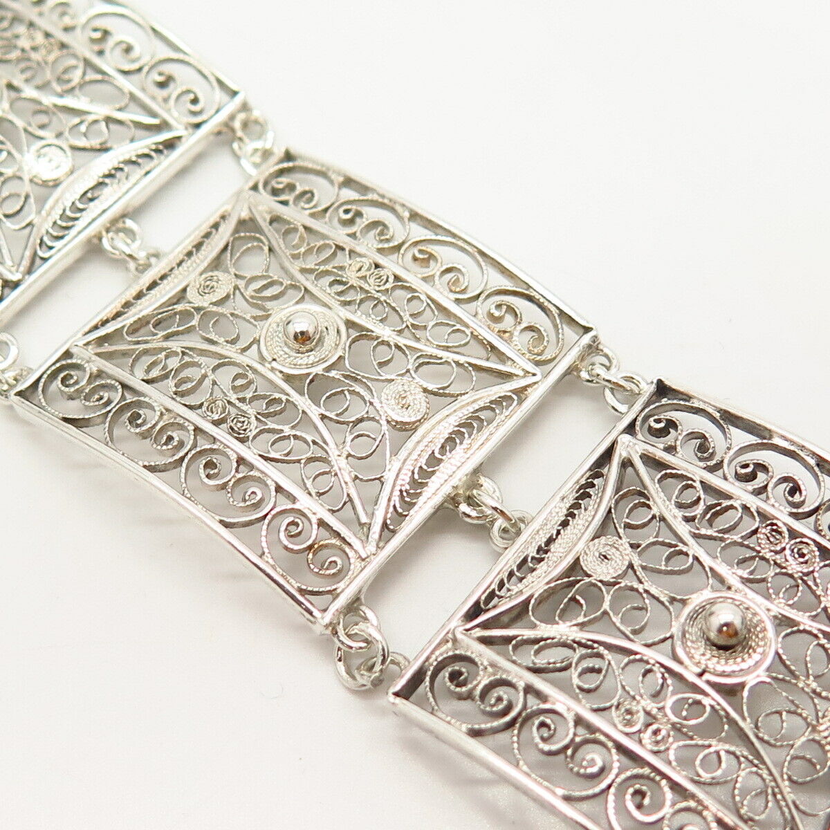 800 Silver Vintage Filigree Design Wide Panel Link Bracelet 5 3/4"