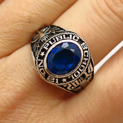 925 Sterling Silver Blue C Z "Public School No.21" Ring Size 10.5