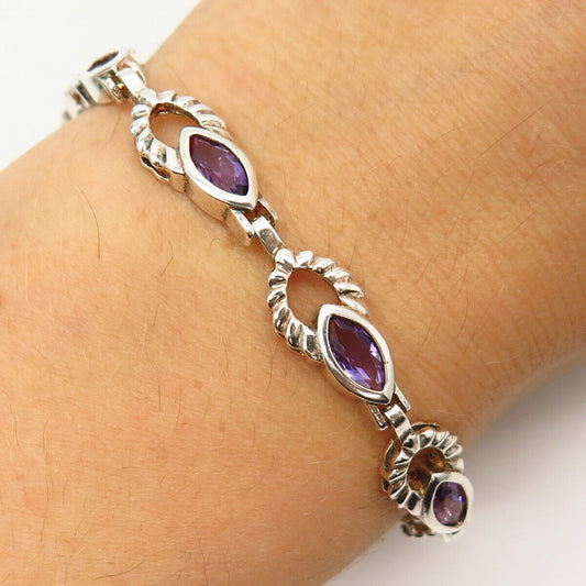 925 Sterling Silver Amethyst-Tone C Z Fancy Link Bracelet 6 3/4"