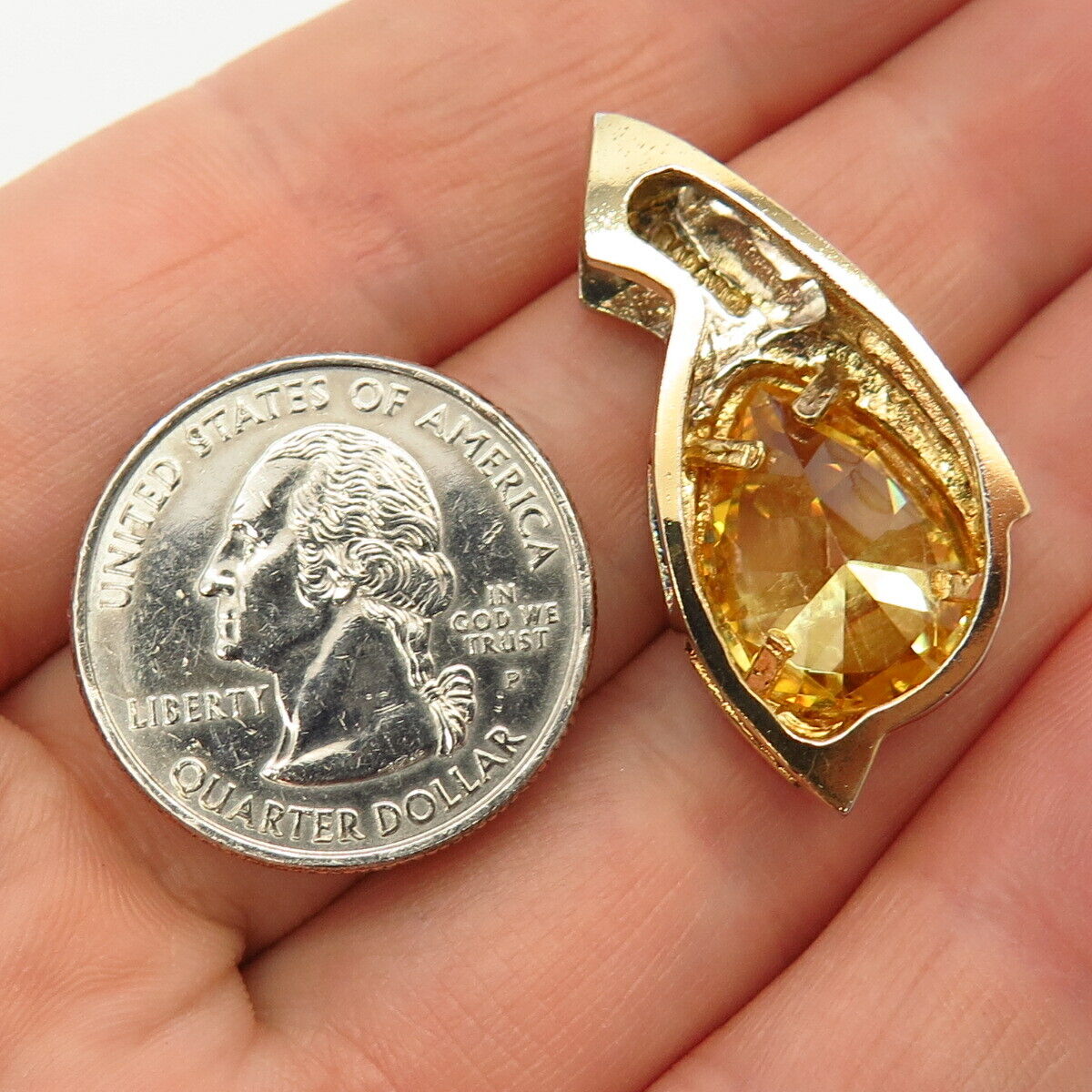 925 Sterling Silver Gold Plated Citrine-Tone C Z Teardrop Design Slide Pendant