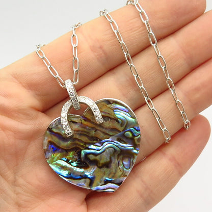 925 Sterling Silver Real Abalone & C Z Heart Pendant Chain Necklace 17"