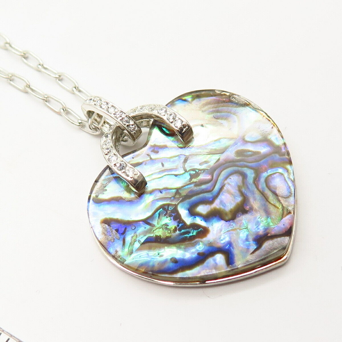 925 Sterling Silver Real Abalone & C Z Heart Pendant Chain Necklace 17"