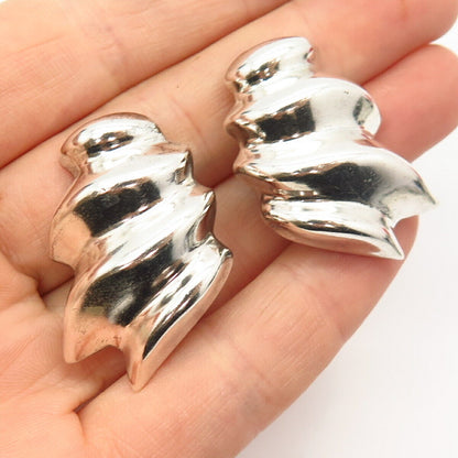 925 Sterling Silver Vintage Mexico Ribbed Design Hollow Clip On Earrings