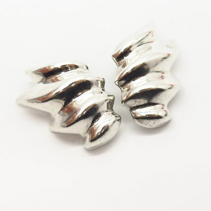 925 Sterling Silver Vintage Mexico Ribbed Design Hollow Clip On Earrings