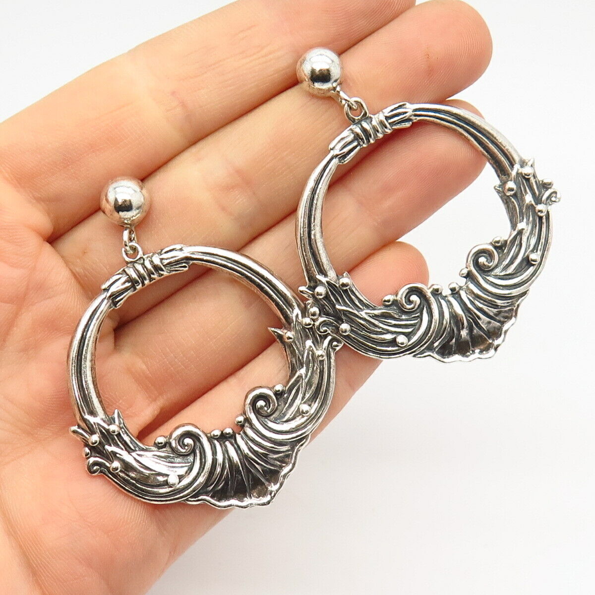 925 Sterling Silver Vintage Mexico Swirl Large Dangling Hoop Earrings