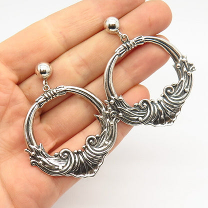 925 Sterling Silver Vintage Mexico Swirl Large Dangling Hoop Earrings