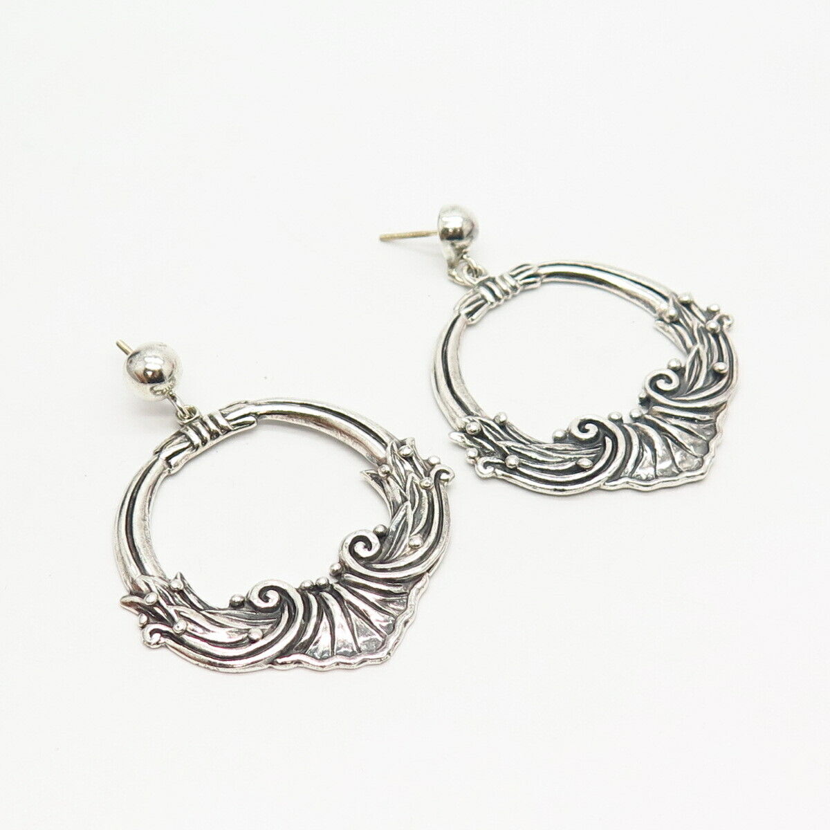 925 Sterling Silver Vintage Mexico Swirl Large Dangling Hoop Earrings