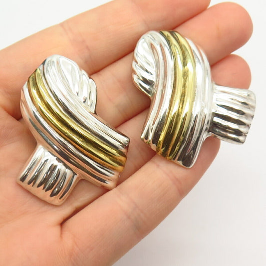 925 Sterling Silver 2-Tone Vintage Mexico Folded Ribbon Clip On Earrings