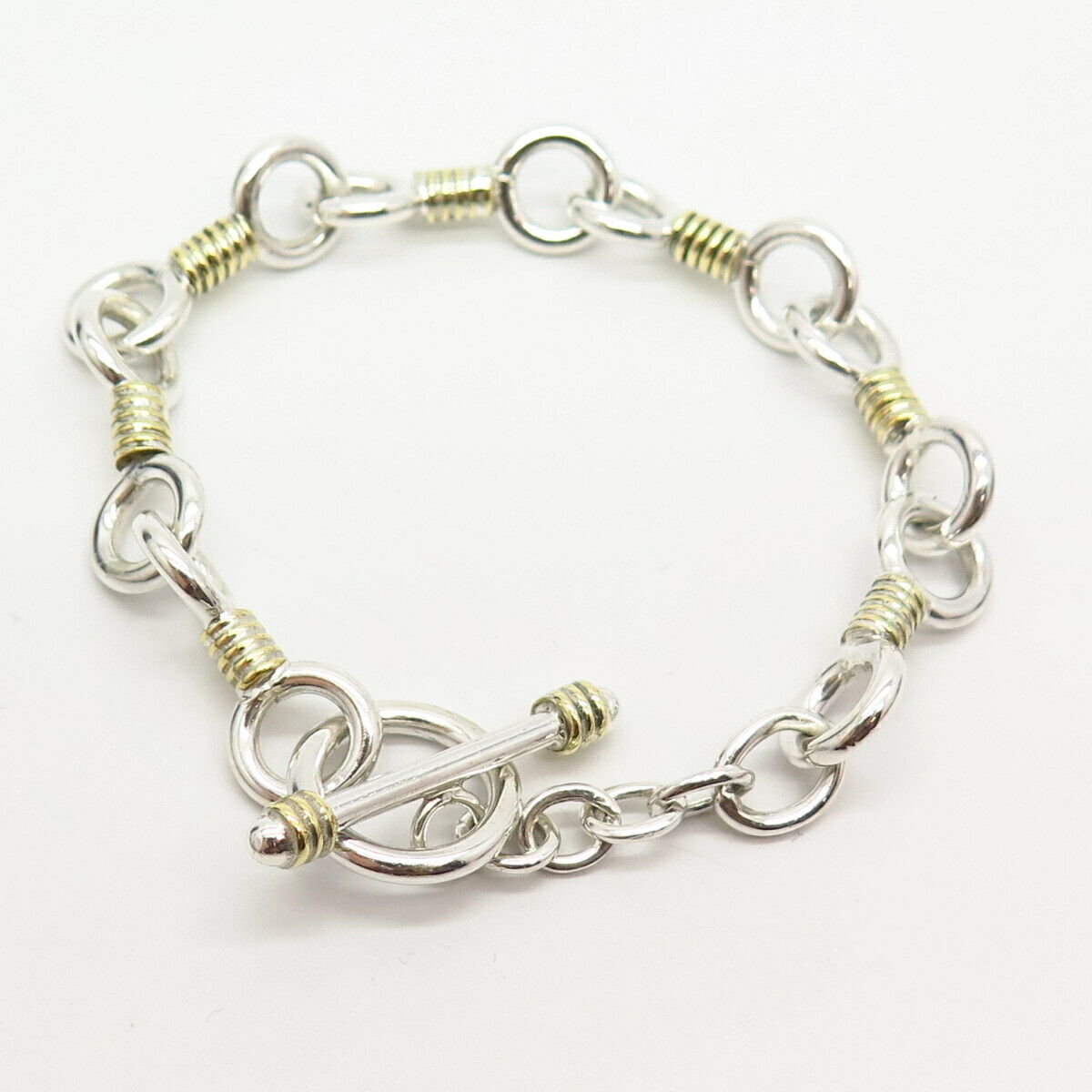 925 Sterling Silver 2-Tone Wire Wrapped Design Fancy Link Bracelet 6.5"