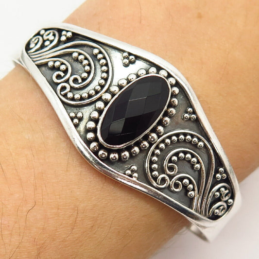 925 Sterling Silver Suarti Bali Real Black Onyx Gemstone Cuff Bracelet 7 1/4"