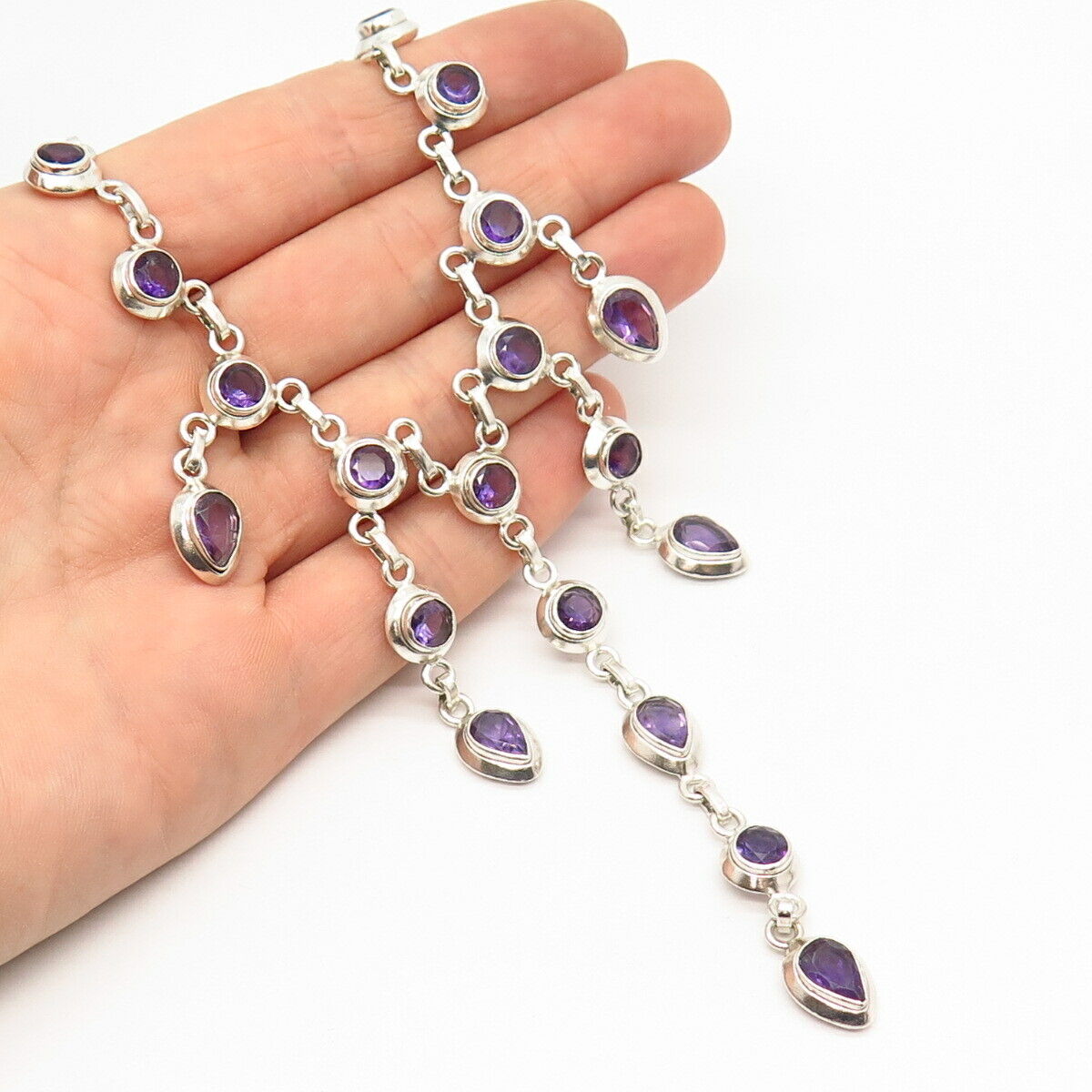 925 Sterling Silver Real Amethyst Gemstone Dangling Necklace 16"