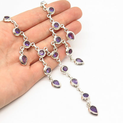 925 Sterling Silver Real Amethyst Gemstone Dangling Necklace 16"