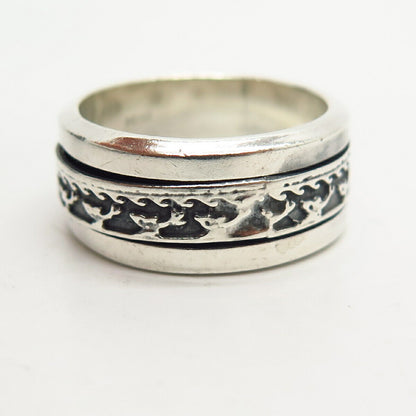 925 Sterling Vintage Mexico Water Whale Pattern Rotating Band Ring Size 9 3/4