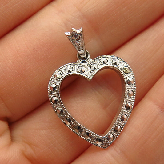 925 Sterling Silver Vintage Theda Real Marcasite Gem Open Heart Design Pendant