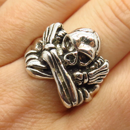 925 Sterling Silver Skull & Bones Biker Ring Size 9.5