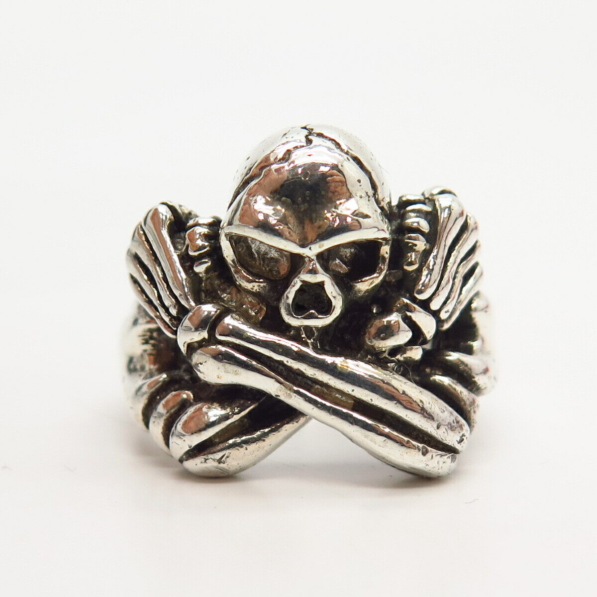 925 Sterling Silver Skull & Bones Biker Ring Size 9.5