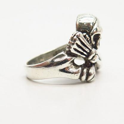 925 Sterling Silver Skull & Bones Biker Ring Size 9.5