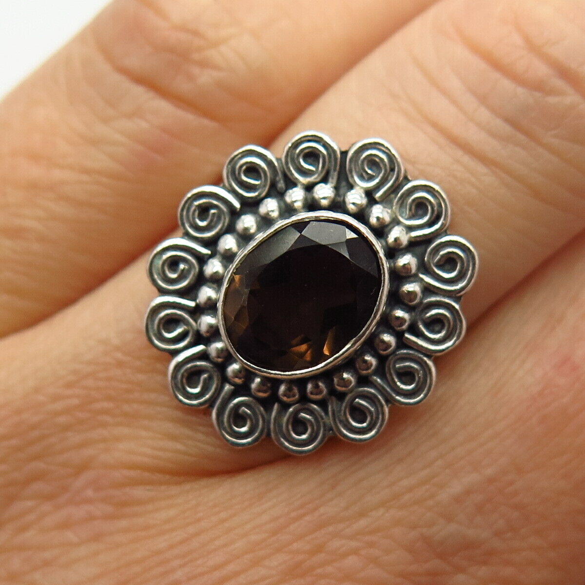 925 Sterling Silver Real Smoky Quartz Floral Design Ring