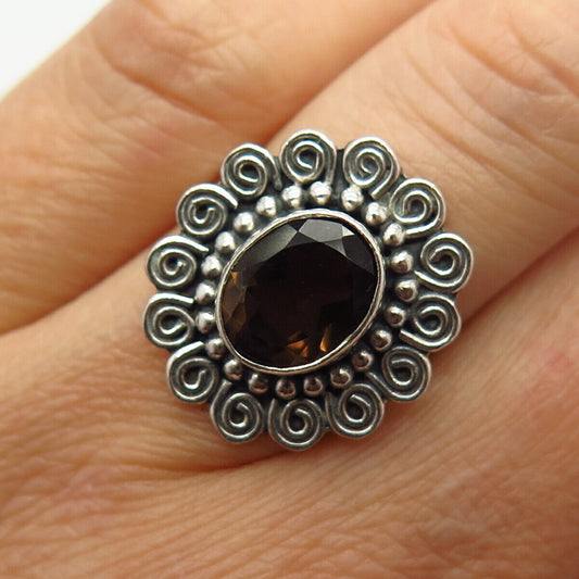 925 Sterling Silver Real Smoky Quartz Floral Design Ring