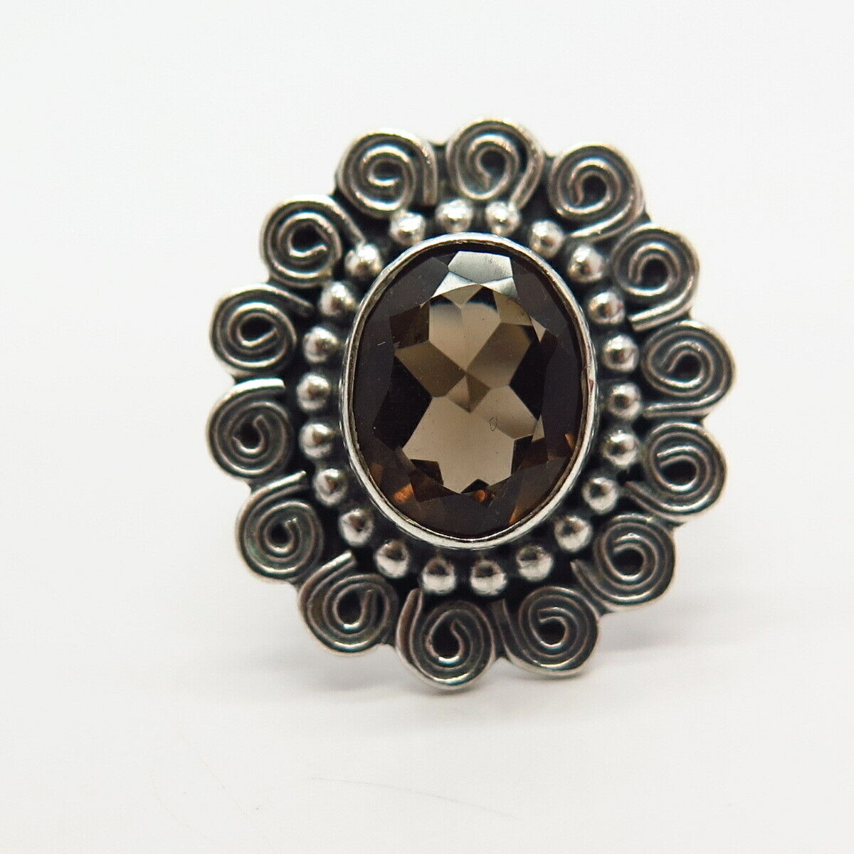 925 Sterling Silver Real Smoky Quartz Floral Design Ring