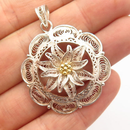 800 Silver 2-Tone Vintage Floral Filigree Design Round Pendant