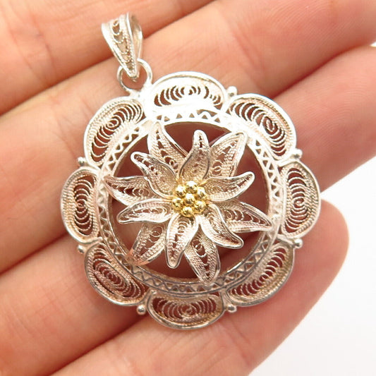 800 Silver 2-Tone Vintage Floral Filigree Design Round Pendant