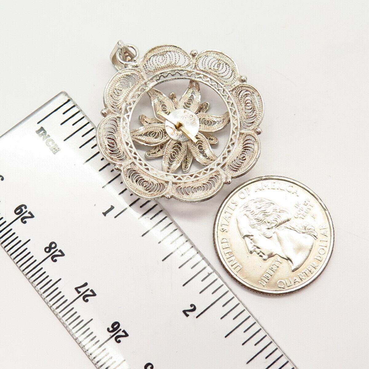 800 Silver 2-Tone Vintage Floral Filigree Design Round Pendant