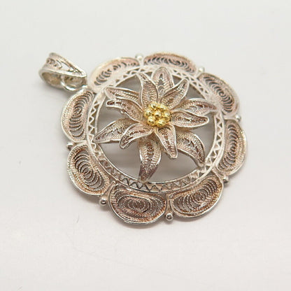 800 Silver 2-Tone Vintage Floral Filigree Design Round Pendant