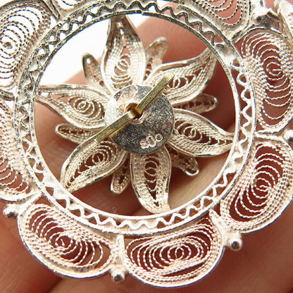 800 Silver 2-Tone Vintage Floral Filigree Design Round Pendant