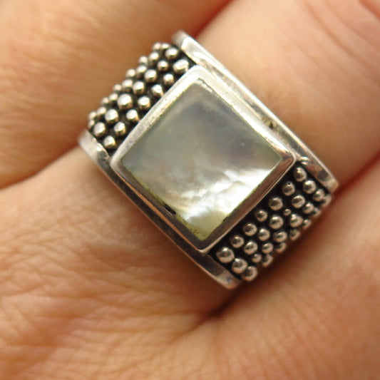 925 Sterling Silver Real Mother-of-Pearl Bead Design Ring Size 7.5