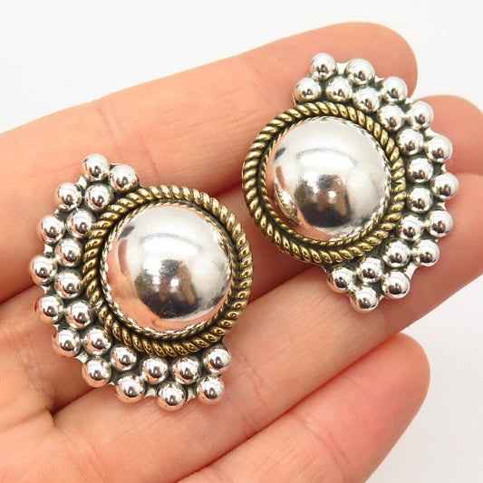 925 Sterling Silver 2-Tone Vintage Mexico Twisted Bead Design Clip On Earrings