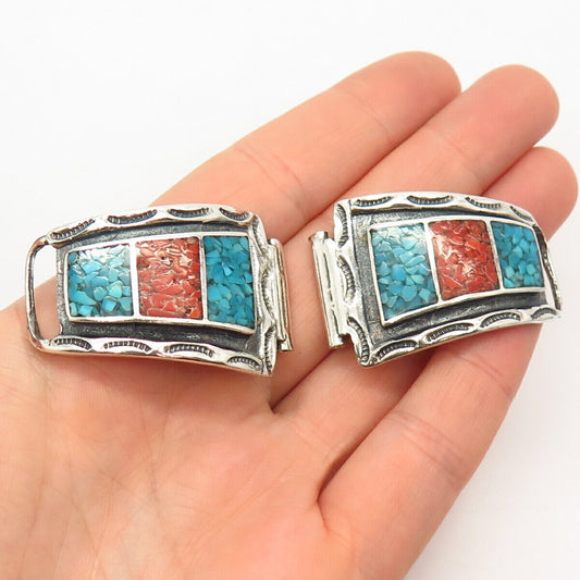 925 Sterling Silver Coral & Turquoise Inlay Tribal Watch Bracelet