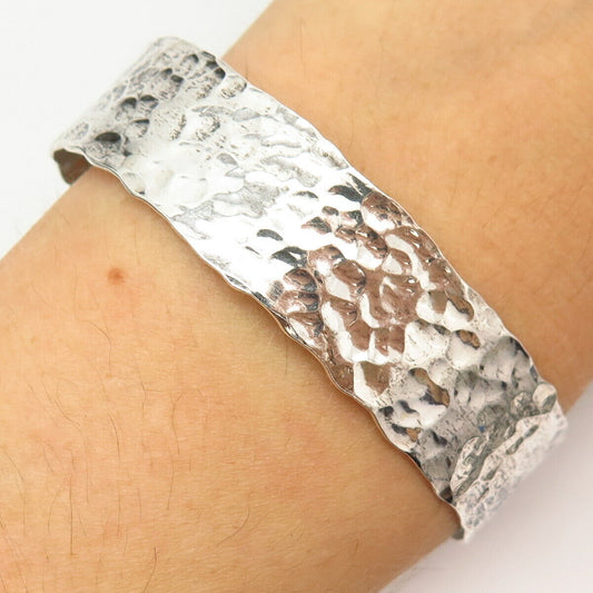 925 Sterling Silver Vintage Hammered Finish Signed Cuff Bracelet 7 1/4"