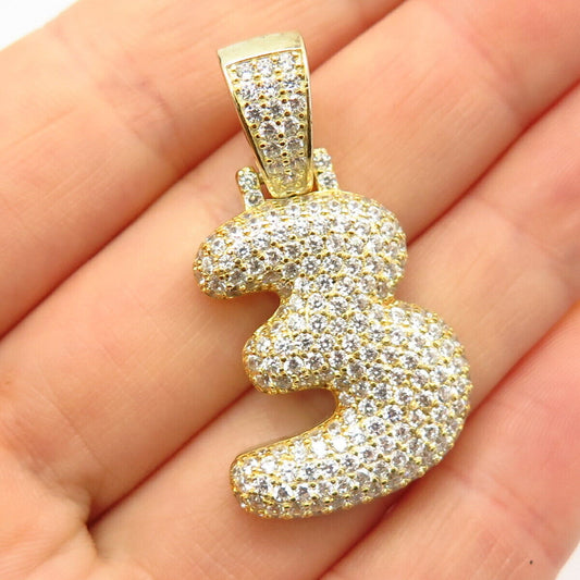 925 Sterling Silver Gold Plated C Z Lucky Number "3" Pendant