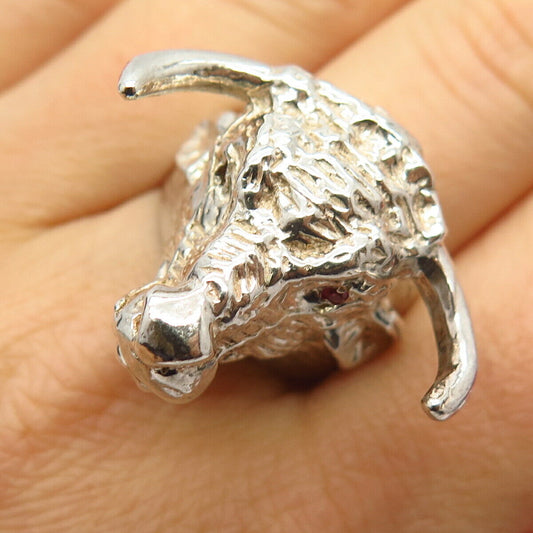 925 Sterling Silver Real Ruby Gemstone Bull Design Men's Ring Size 10 3/4