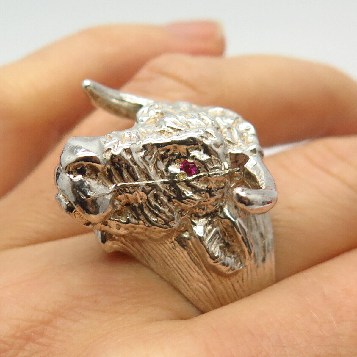 925 Sterling Silver Real Ruby Gemstone Bull Design Men's Ring Size 10 3/4