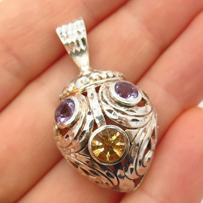 925 Sterling Silver Vintage Real Citrine & Amethyst Gem Cutout Design Pendant