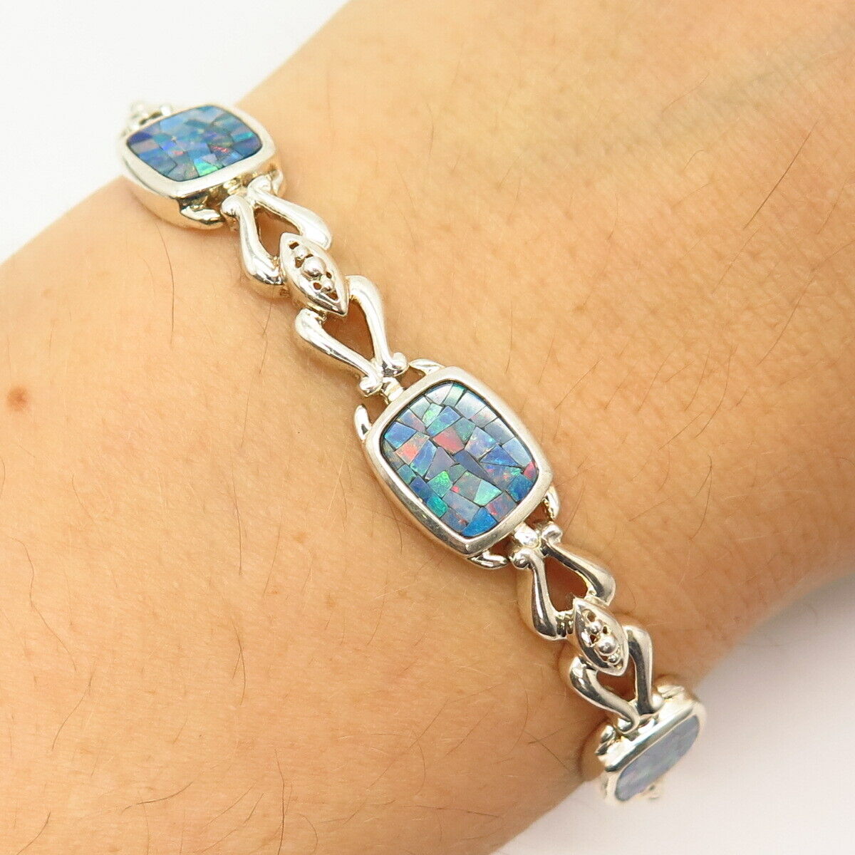 925 Sterling Silver Opal Imitation Link Bracelet 7"